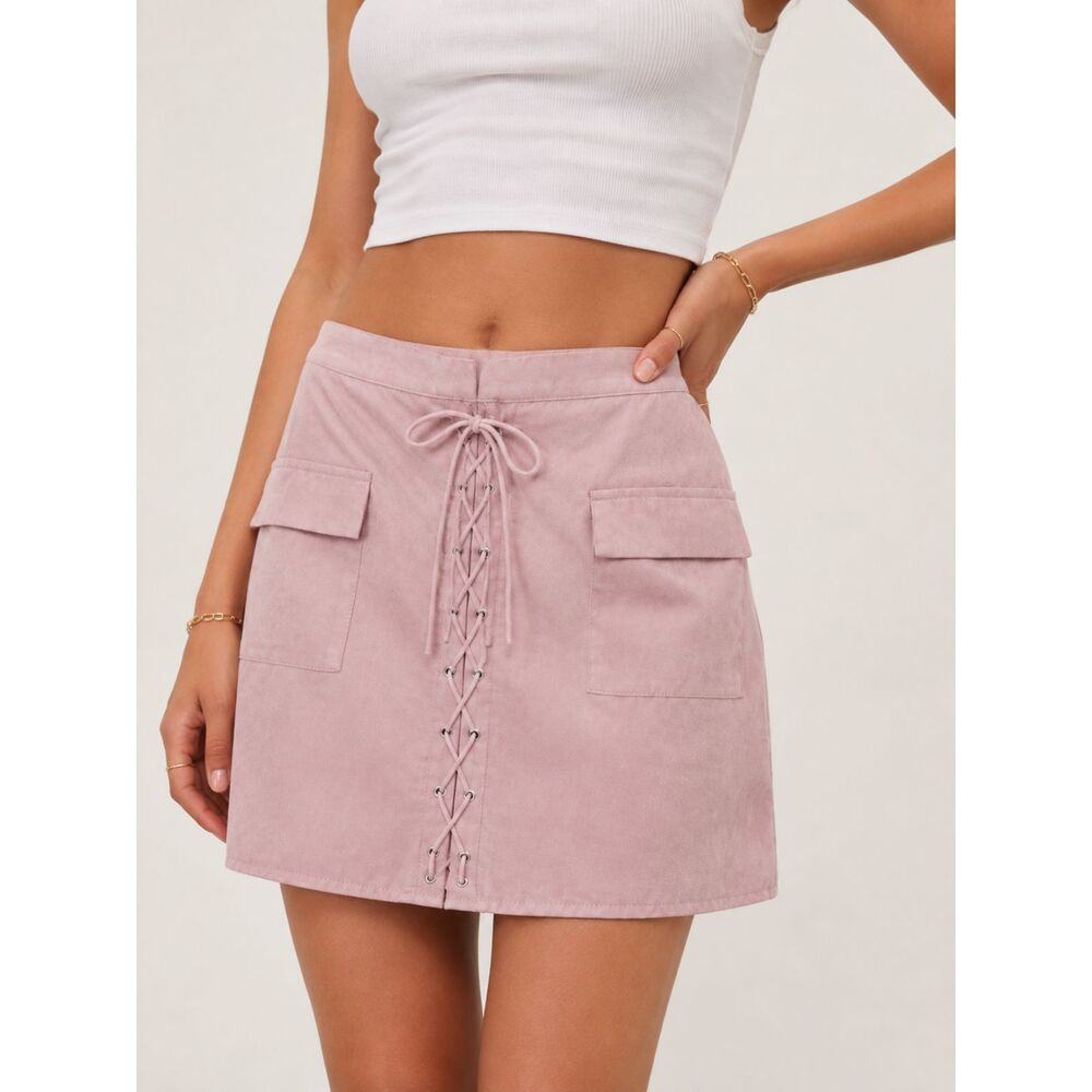 Honey Punch Pink Faux Suede Lace Up Mini Skirt M Y2K Coquette Western Festival